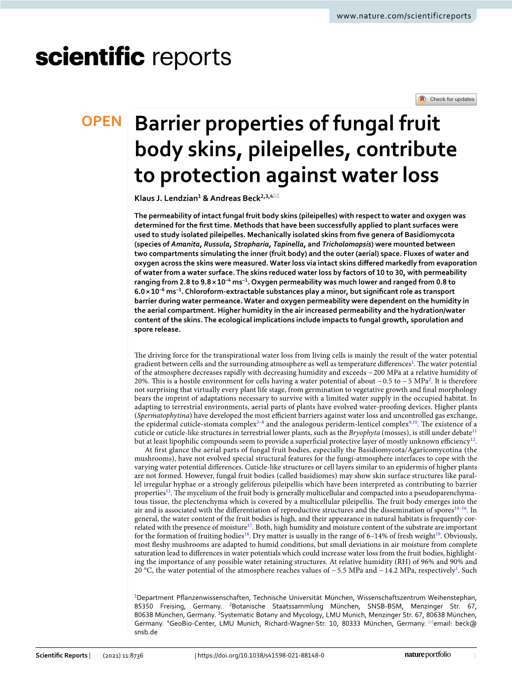 Barrier Properties of Fungal Fruit Body Skins, Pileipelles, Contribute to Protection Against Water Loss Klaus J