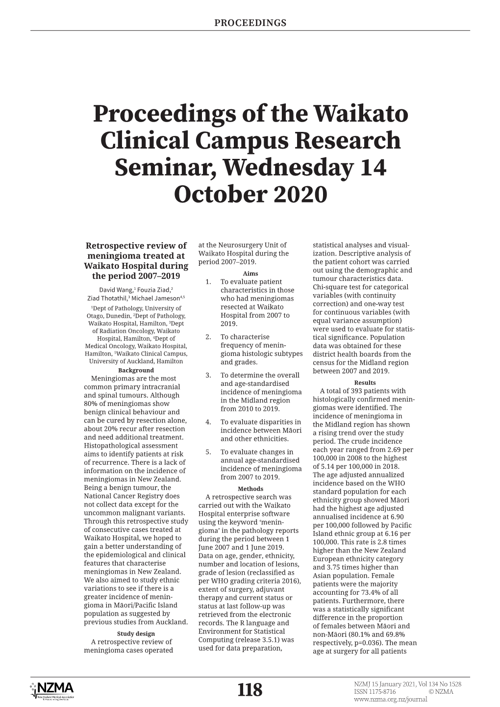Proceedings of the Waikato Clinical Campus Research Seminar, Wednesday 14 October 2020
