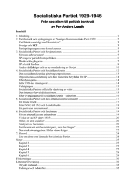 Socialistiska Partiet 1929-1945 Från Socialism Till Politisk Bankrutt Av Per-Anders Lundh Innehåll 1