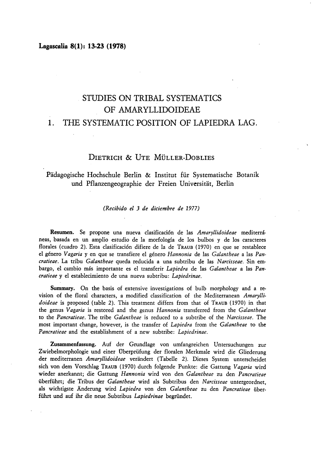 Studies on Tribal Systematics of Amaryllidoideae 1. Tete Systematic Position of Lapiedra Lag