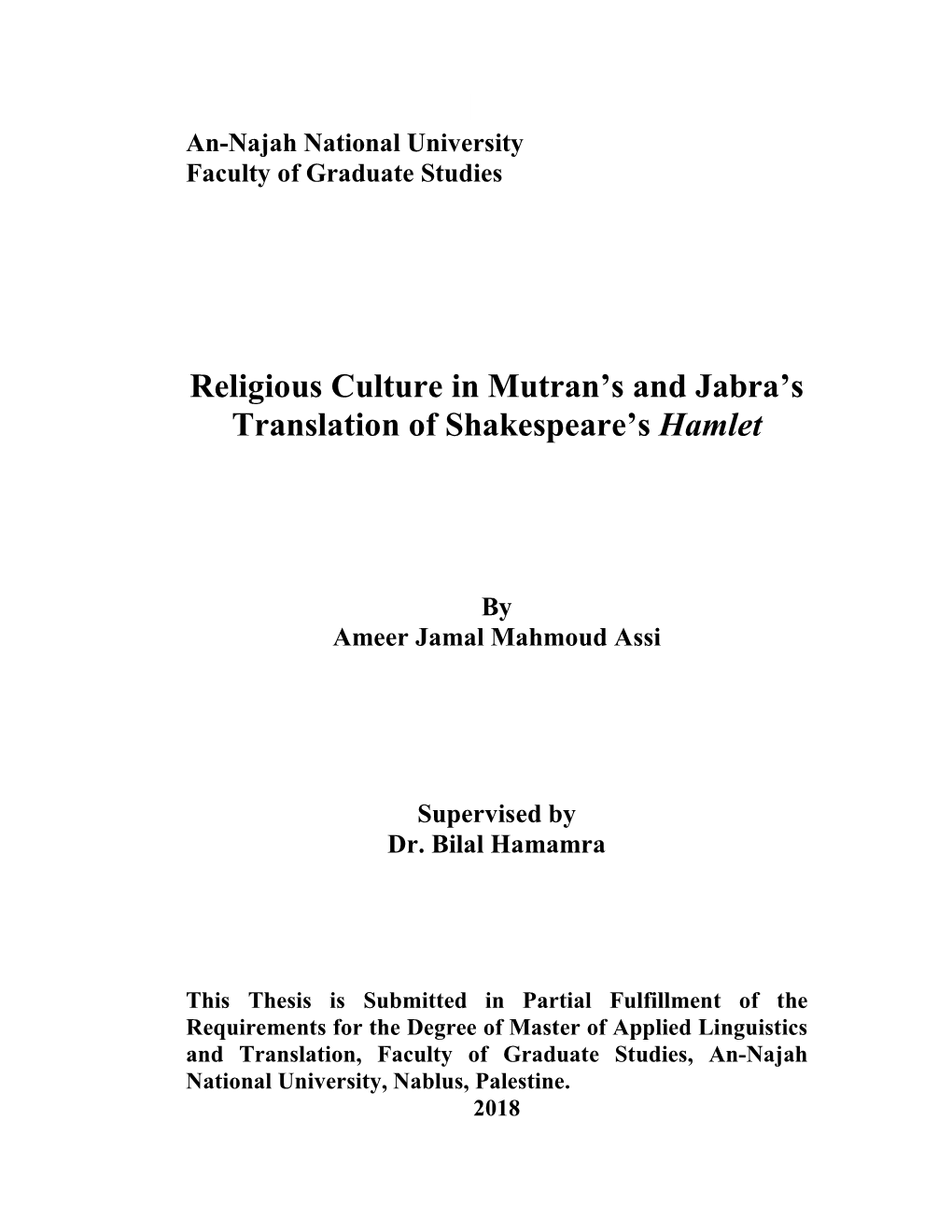 Religious Culture in Mutran's and Jabra's Translation Of