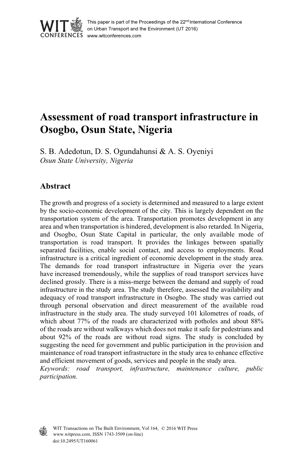 Assessment of Road Transport Infrastructure in Osogbo, Osun State, Nigeria