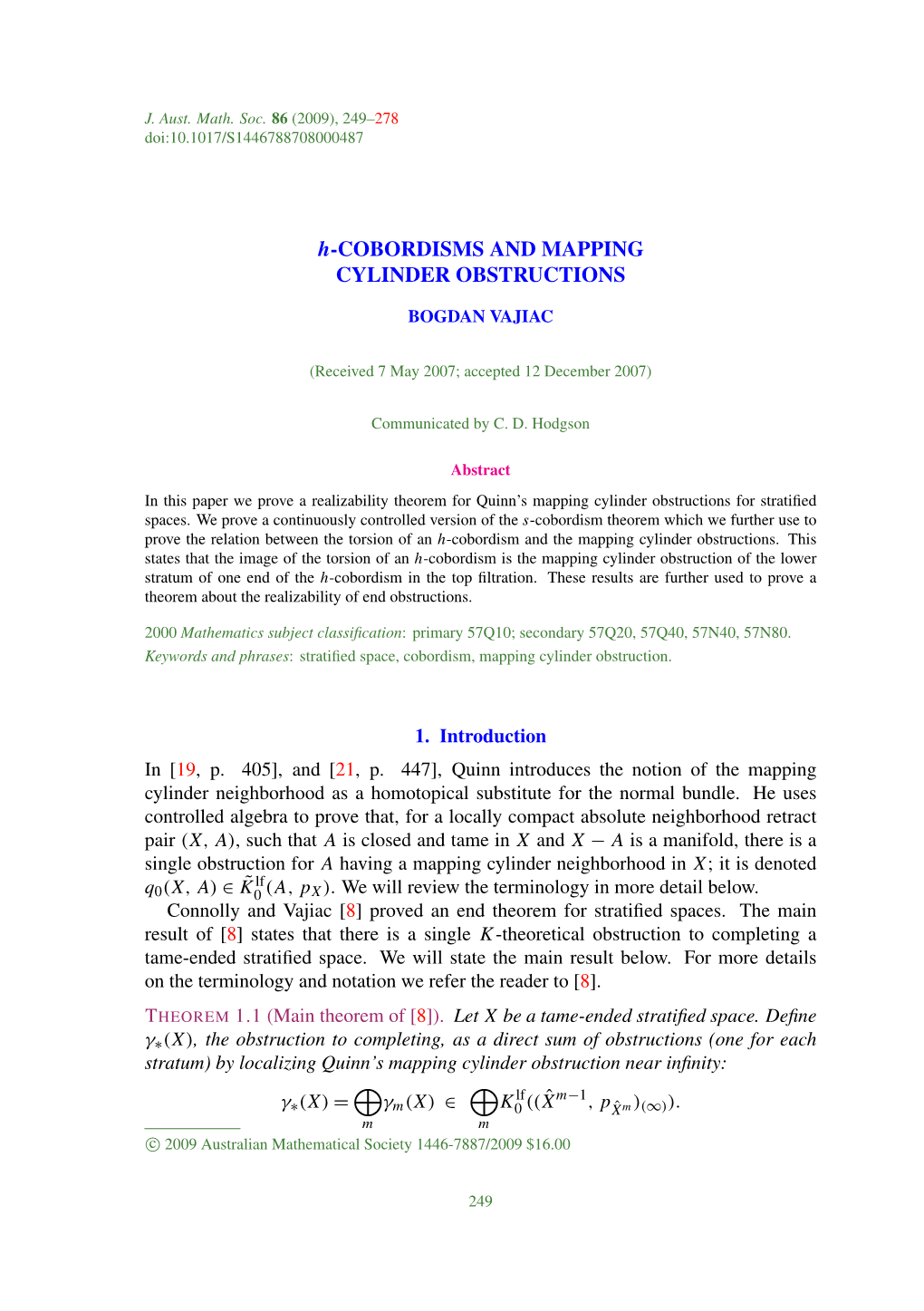 H-COBORDISMS and MAPPING CYLINDER OBSTRUCTIONS