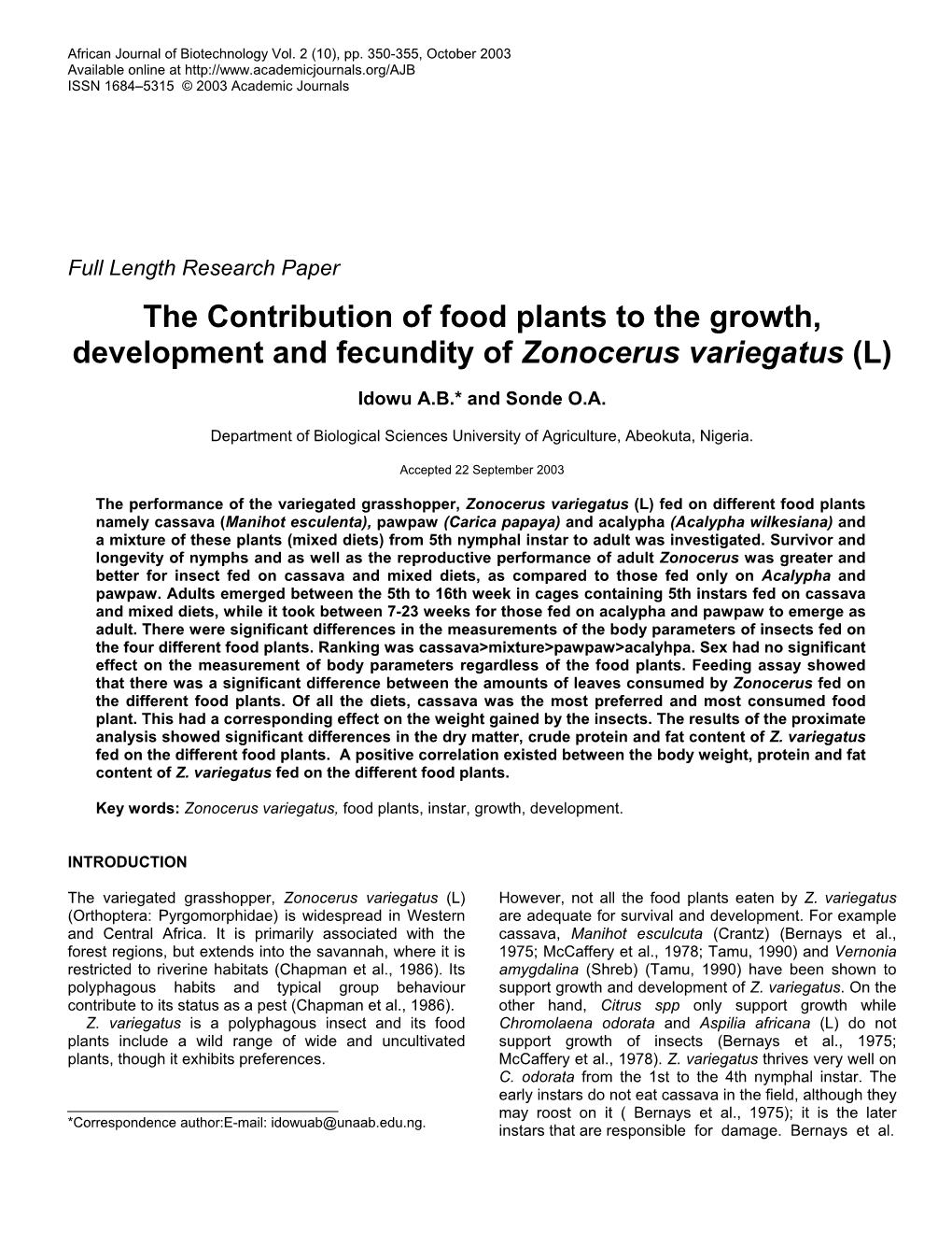 The Contribution of Food Plants to the Growth, Development and Fecundity of Zonocerus Variegatus (L)