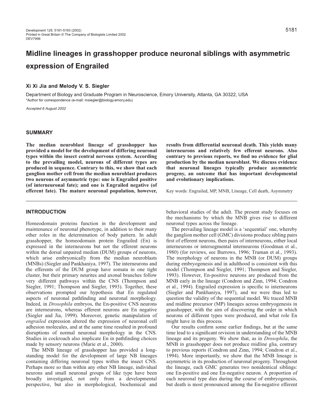 Midline Lineages Express En Asymmetrically 5183