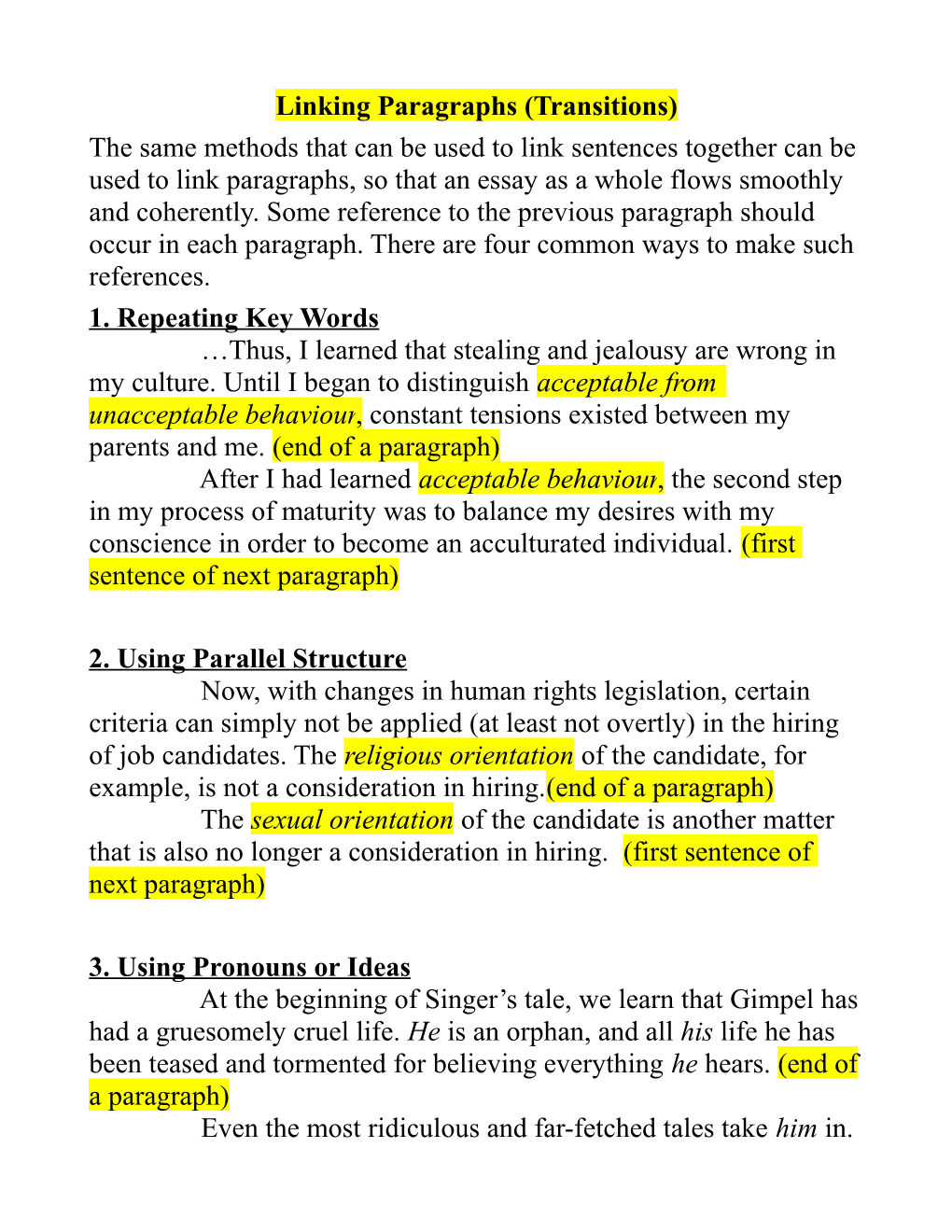 Linking Paragraphs (Transitions)