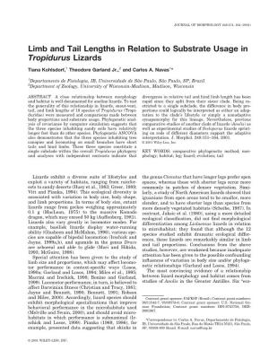 Limb and Tail Lengths in Relation to Substrate Usage in Tropidurus Lizards