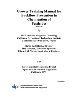 Grower Training Manual for Backflow Prevention in Chemigation of Pesticides Revised 3/3/04