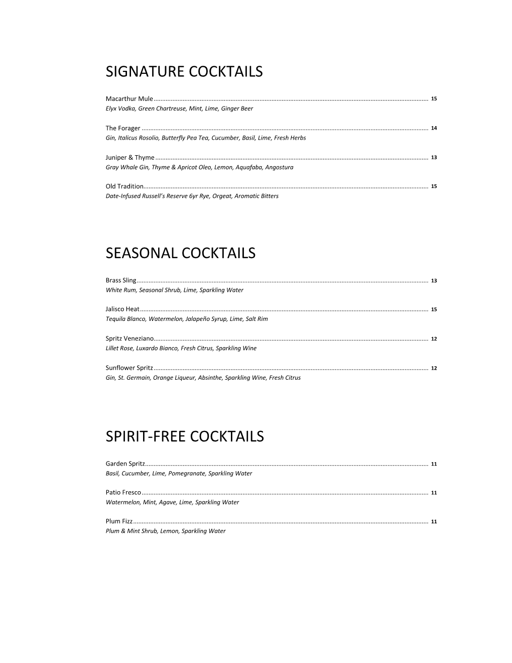Signature Cocktails Seasonal Cocktails Spirit-Free
