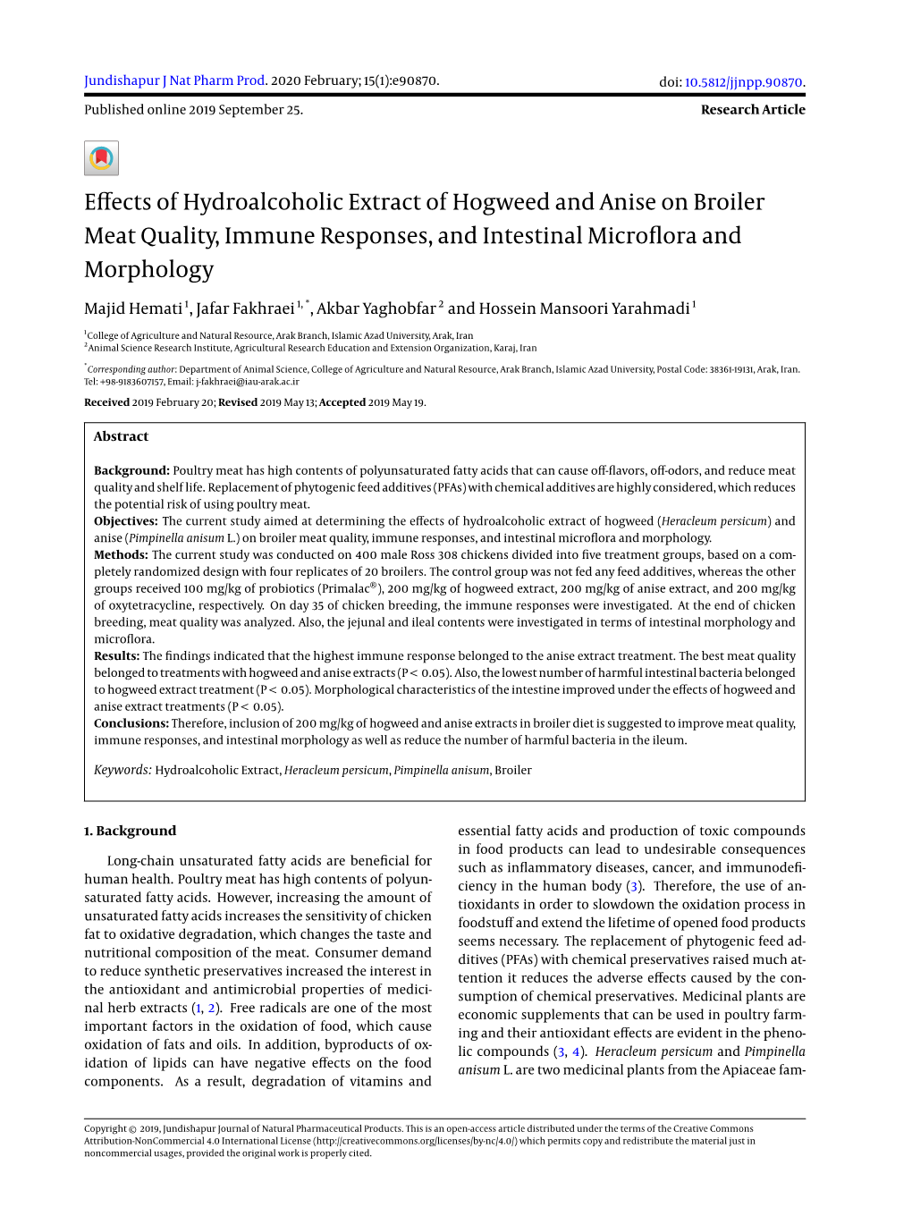 Effects of Hydroalcoholic Extract of Hogweed and Anise on Broiler