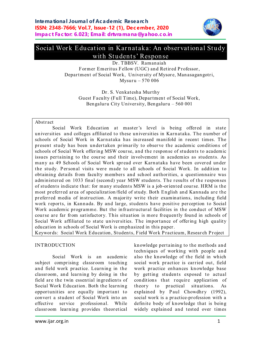 Social Work Education in Karnataka: an Observational Study with Students’ Response Dr