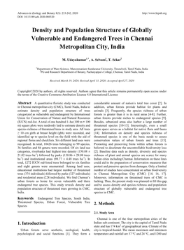 Density and Population Structure of Globally Vulnerable and Endangered Trees in Chennai Metropolitan City, India