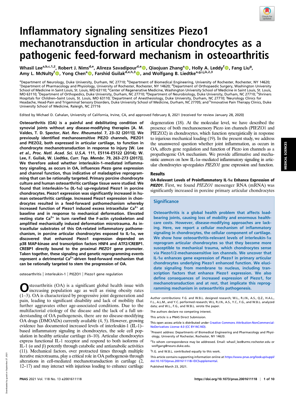 Inflammatory Signaling Sensitizes Piezo1 Mechanotransduction in Articular Chondrocytes As a Pathogenic Feed-Forward Mechanism in Osteoarthritis
