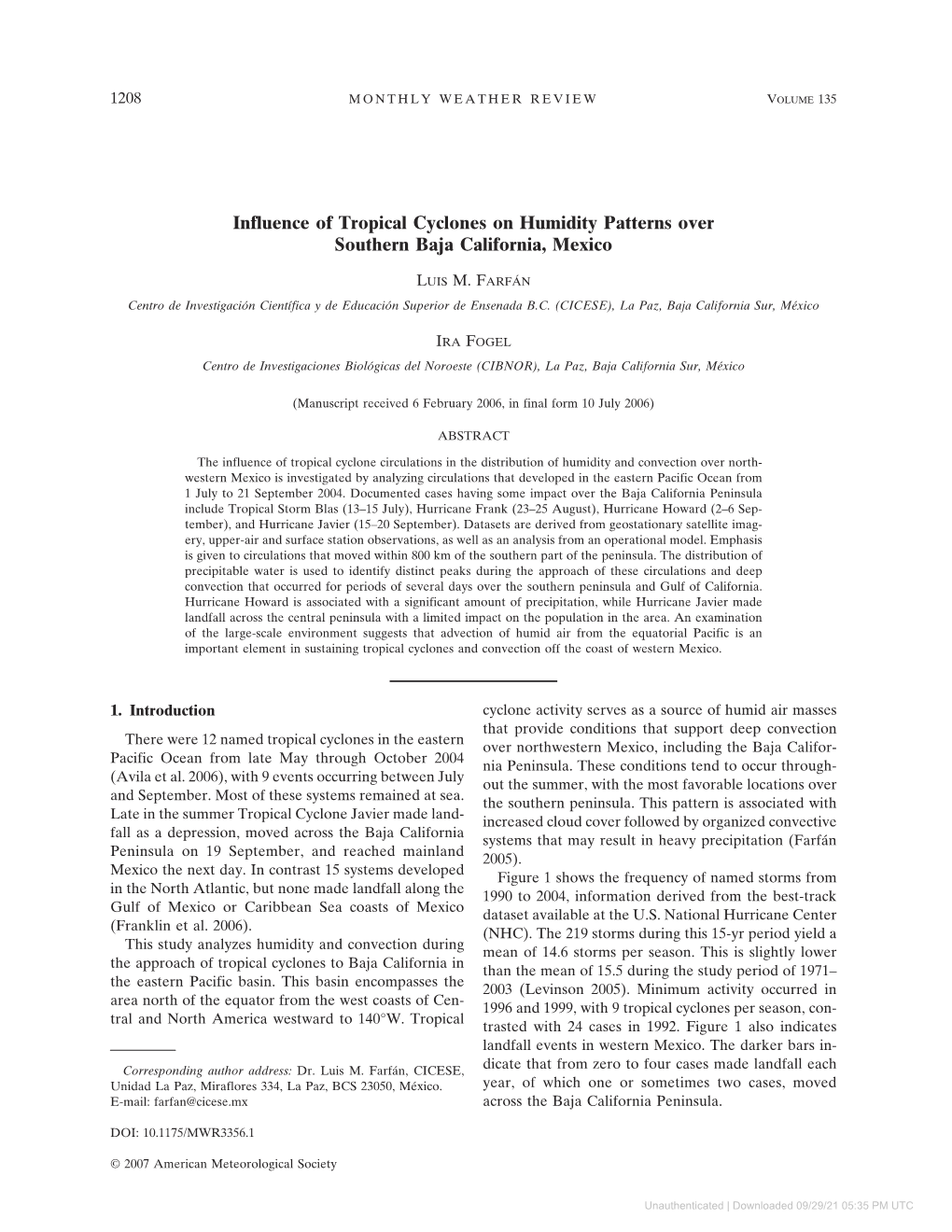 Influence of Tropical Cyclones on Humidity Patterns Over Southern Baja California, Mexico