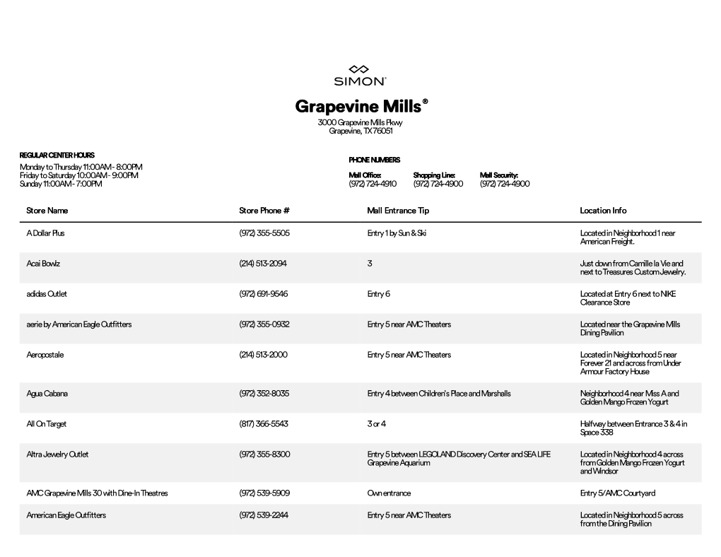 Complete List of Stores Located at Grapevine Mills®