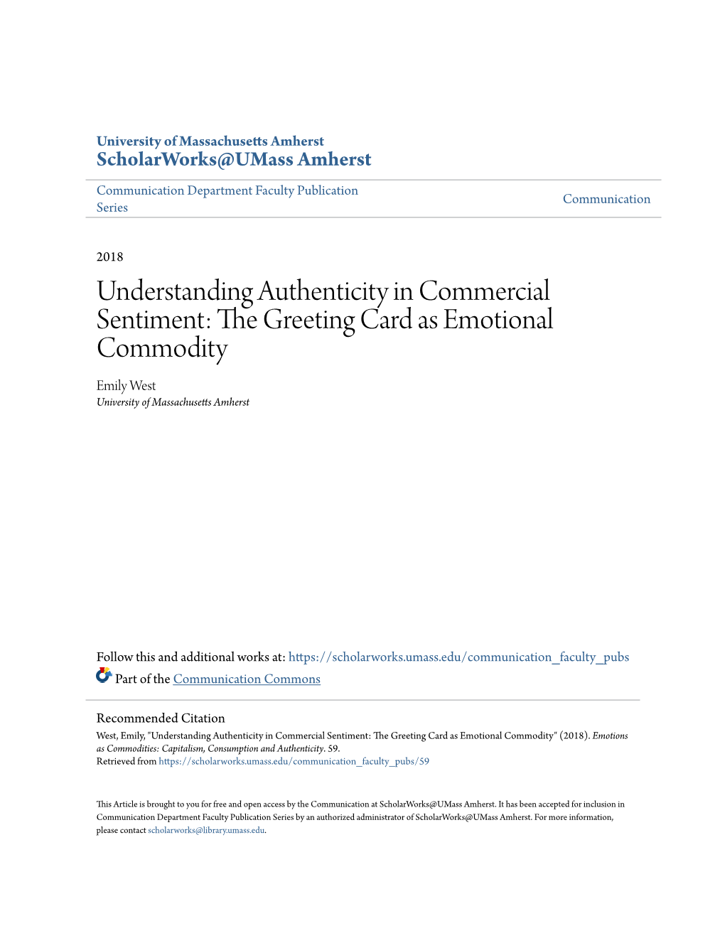 The Greeting Card As Emotional Commodity Emily West University of Massachusetts Amherst