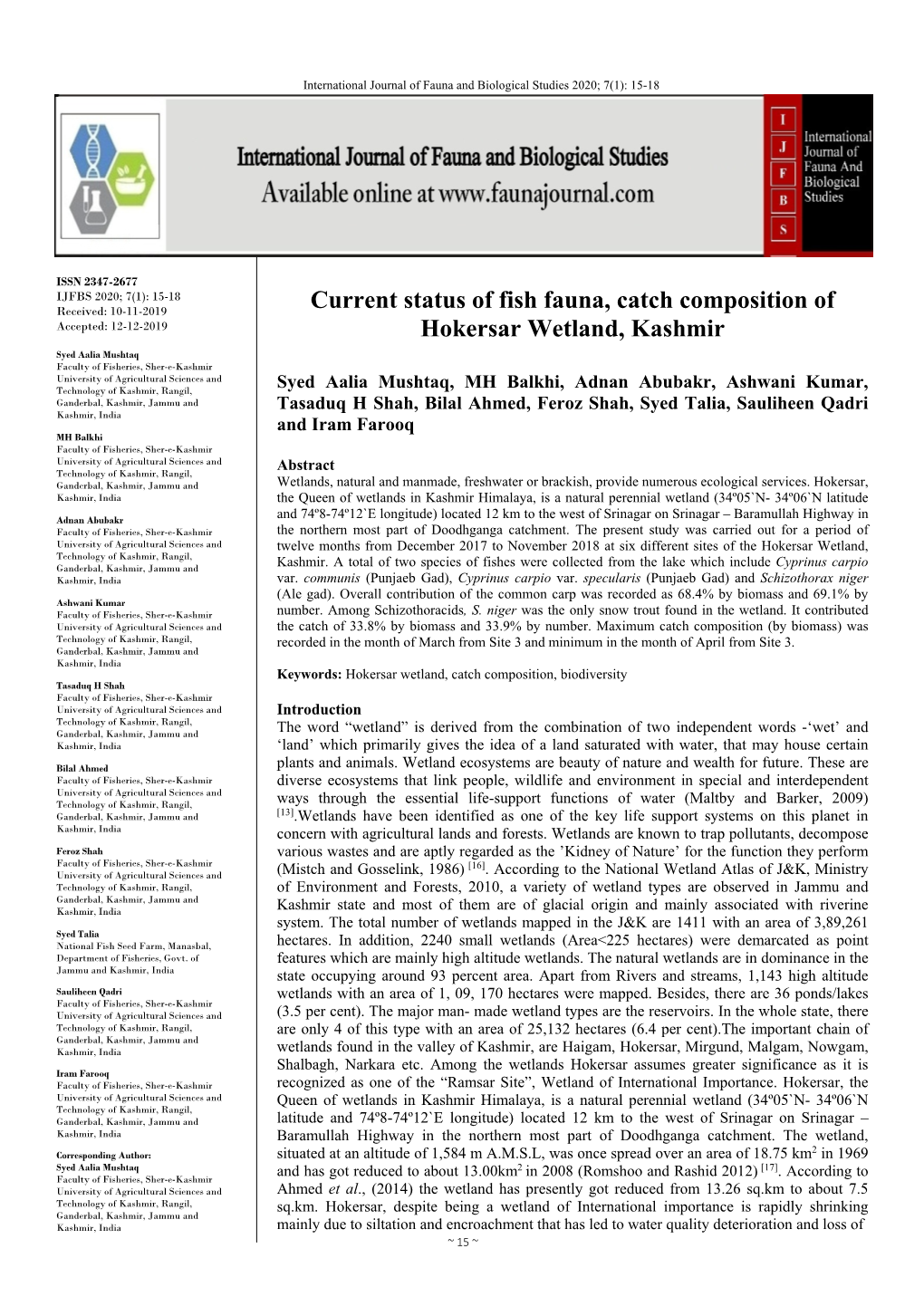 Current Status of Fish Fauna, Catch Composition of Hokersar Wetland