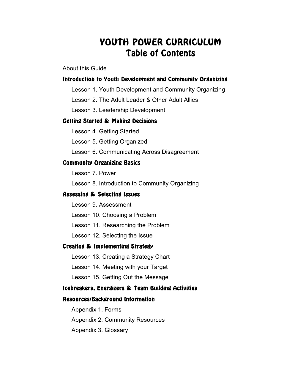 YOUTH POWER CURRICULUM Table of Contents