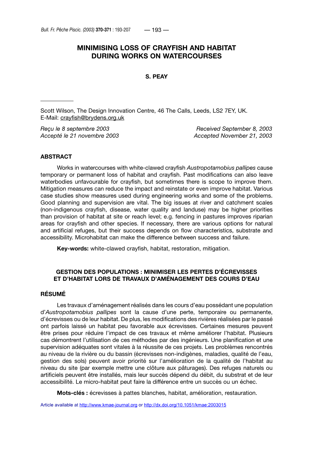 Minimising Loss of Crayfish and Habitatduring Works