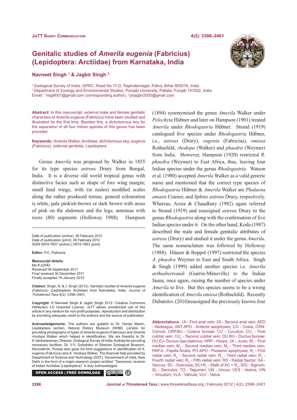 Genitalic Studies of Amerila Eugenia (Fabricius) (Lepidoptera: Arctiidae) from Karnataka, India