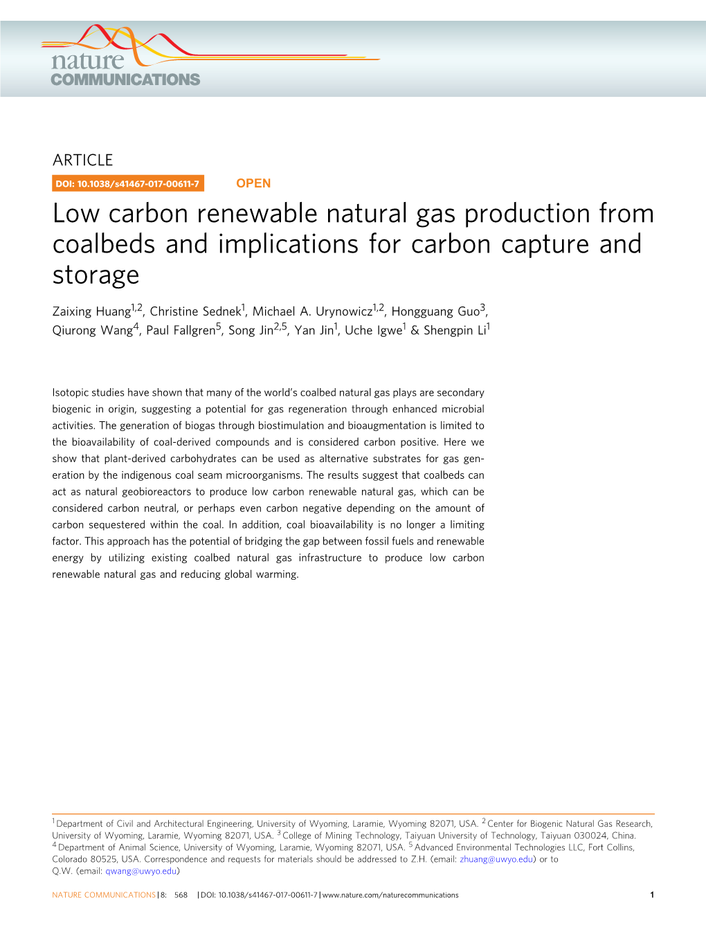 Low Carbon Renewable Natural Gas Production from Coalbeds and Implications for Carbon Capture and Storage