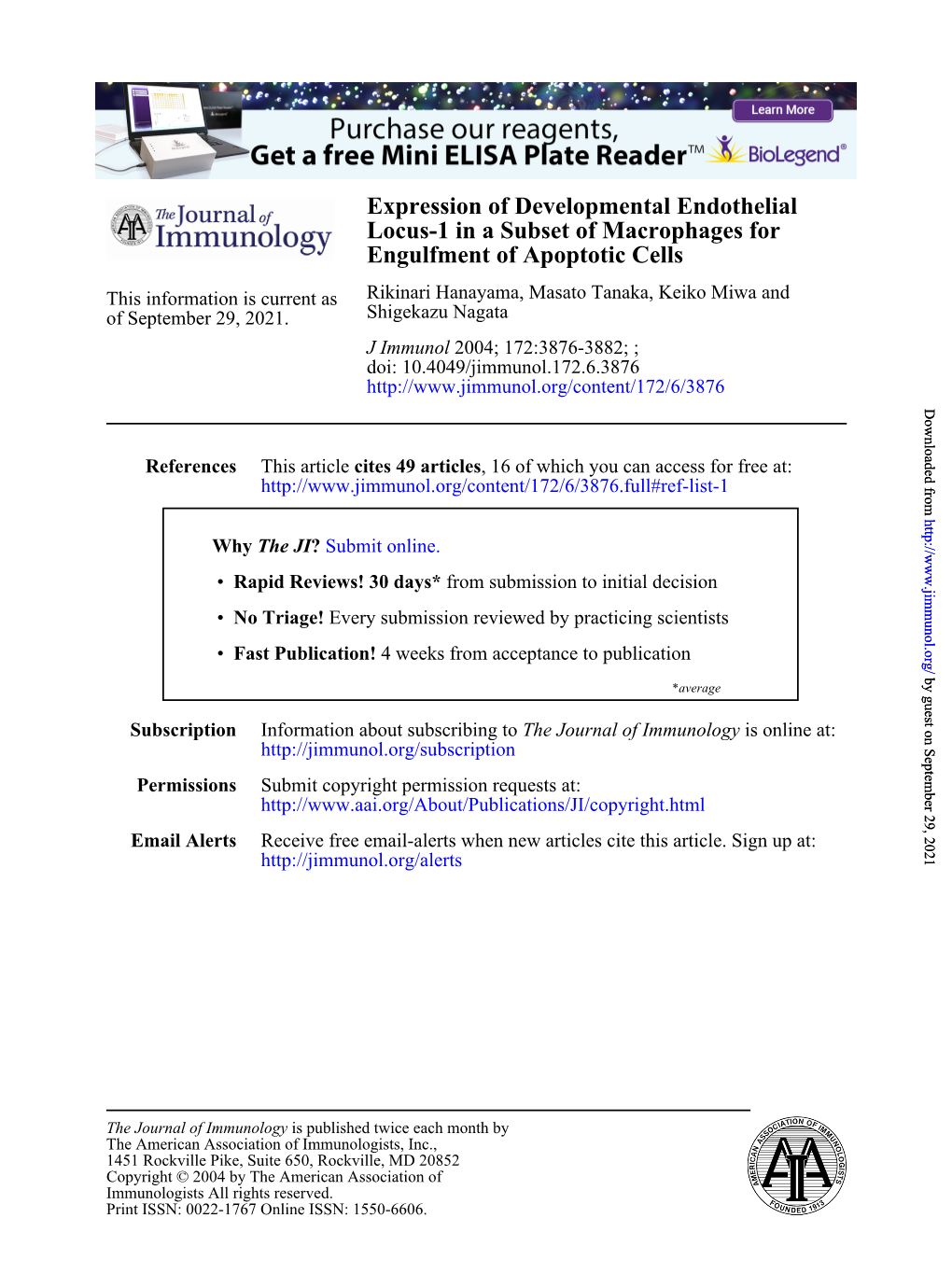 Engulfment of Apoptotic Cells Locus-1 in a Subset of Macrophages for Expression of Developmental Endothelial