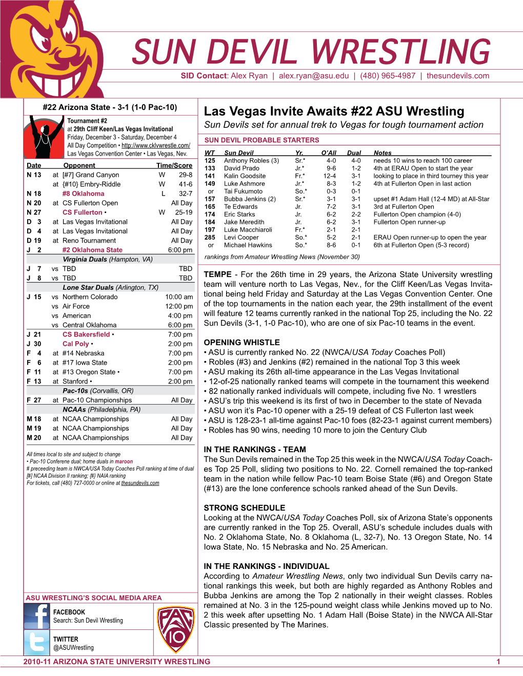 SUN DEVIL WRESTLING SID Contact: Alex Ryan | Alex.Ryan@Asu.Edu | (480) 965-4987 | Thesundevils.Com