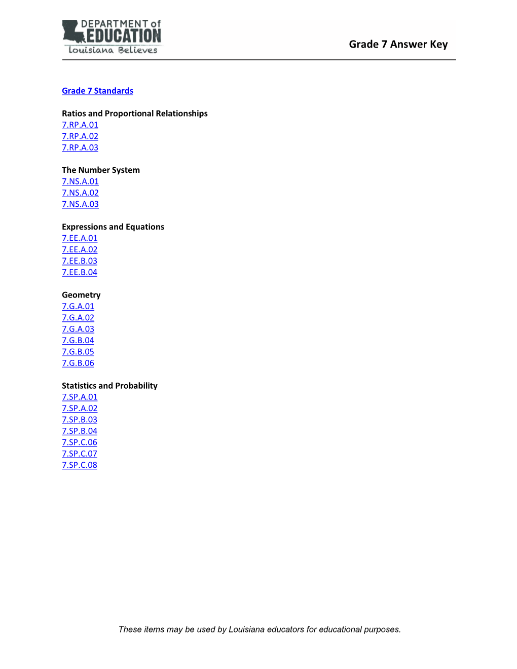 Grade 7 Answer Key