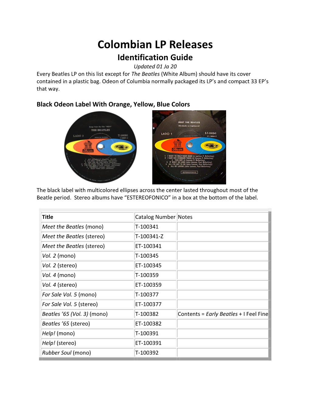 Beatles Colombian LP's, Identification Guide