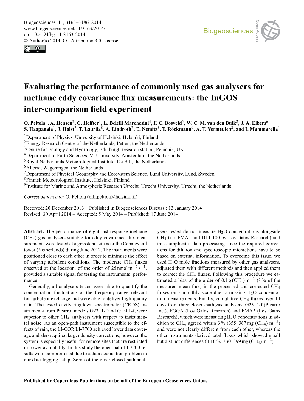 Evaluating the Performance of Commonly Used Gas Analysers for Methane Eddy Covariance Flux Measurements: the Ingos Inter-Comparison Field Experiment