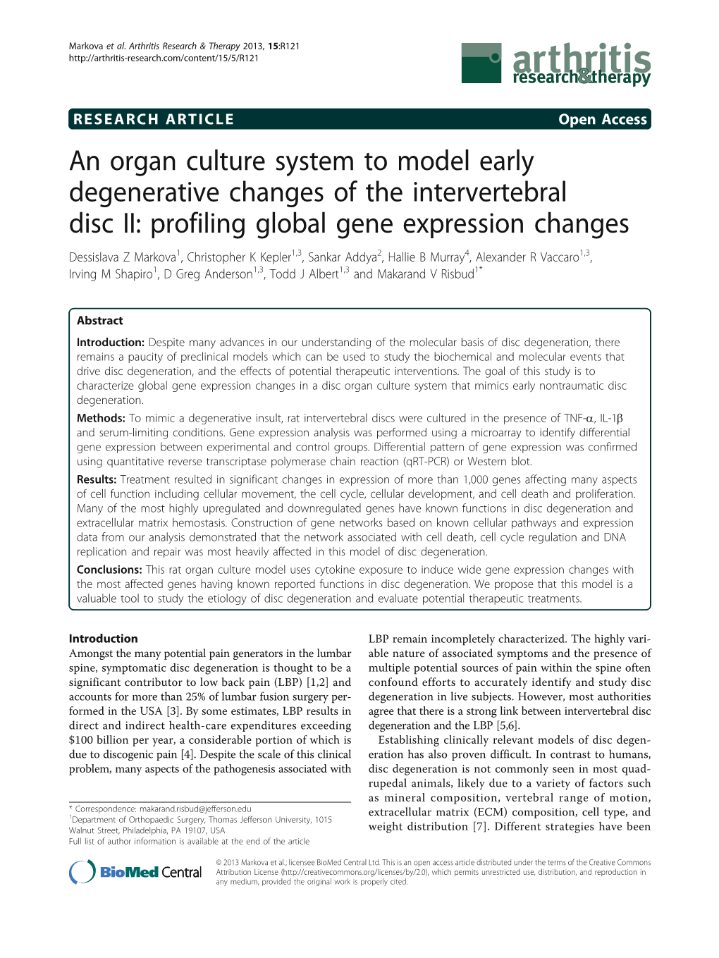 An Organ Culture System to Model Early Degenerative Changes of the Intervertebral Disc II: Profiling Global Gene Expression Chan