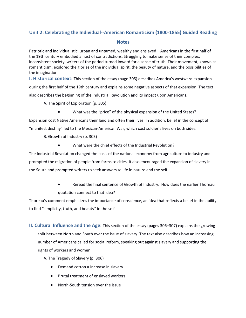 Unit 2: Celebrating the Individual American Romanticism (1800-1855) Guided Reading Notes