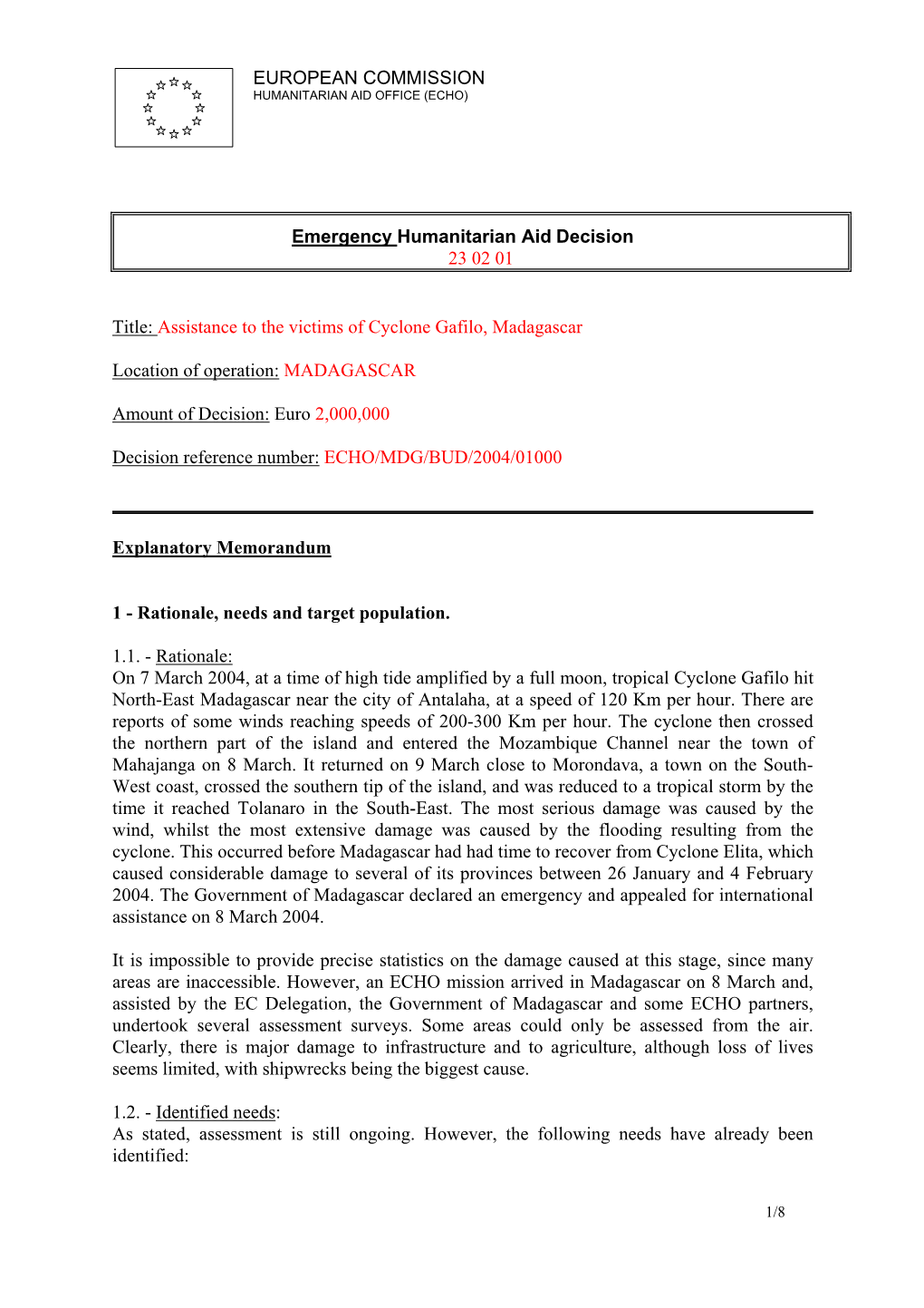 Assistance to the Victims of Cyclone Gafilo, Madagascar