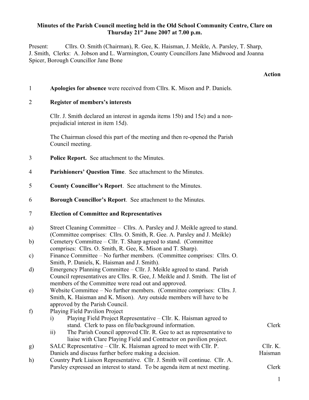 Minutes of the Parish Council Meeting Held in the Old School Community Centre, Clare On s1