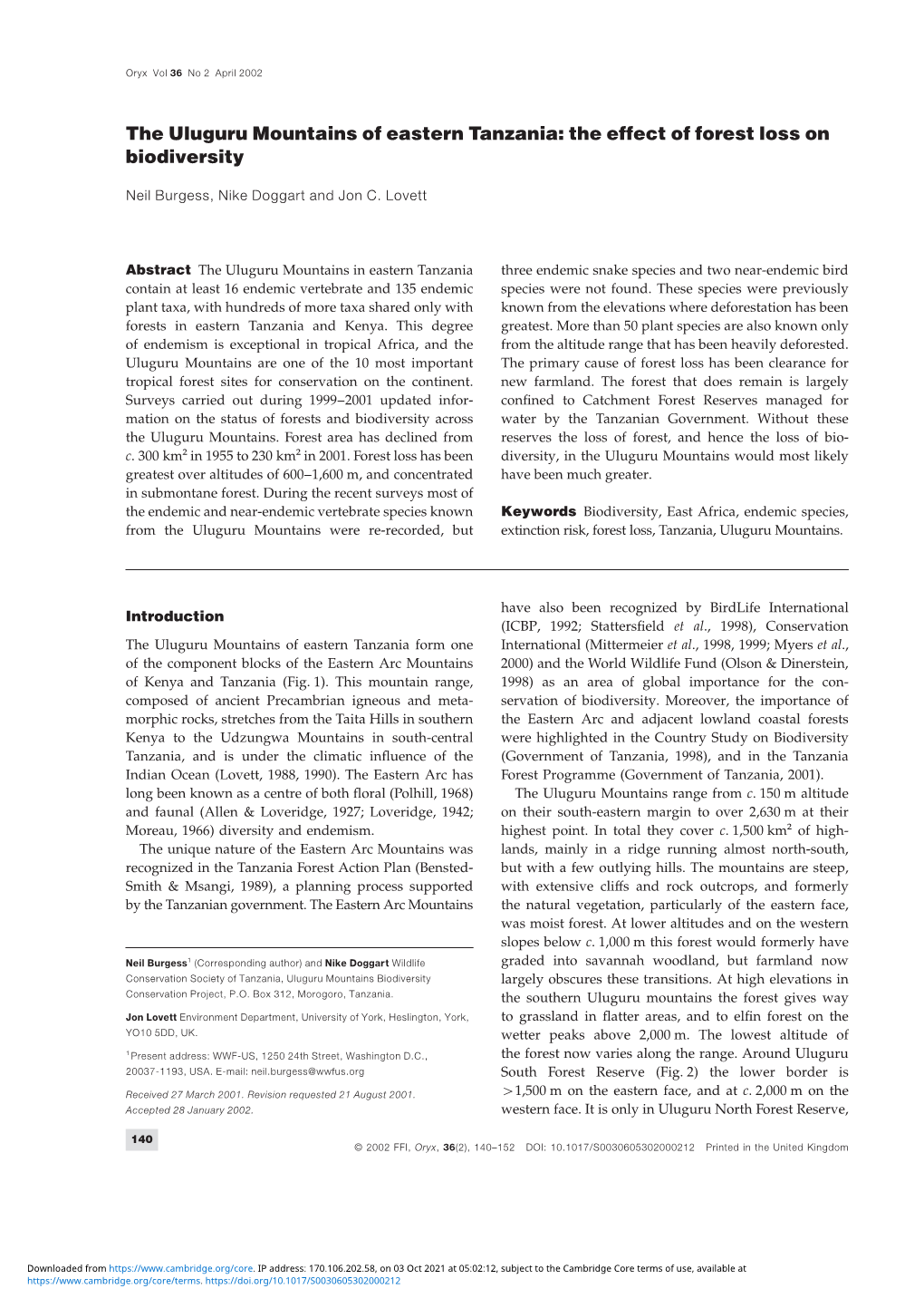 The Uluguru Mountains of Eastern Tanzania: the Effect of Forest Loss on Biodiversity