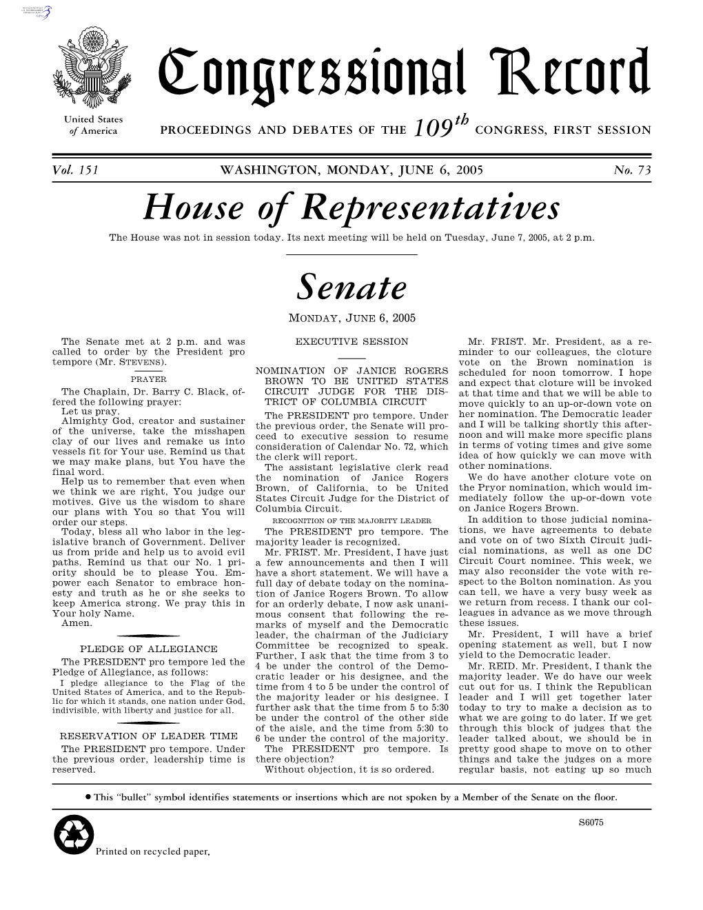 Congressional Record United States Th of America PROCEEDINGS and DEBATES of the 109 CONGRESS, FIRST SESSION