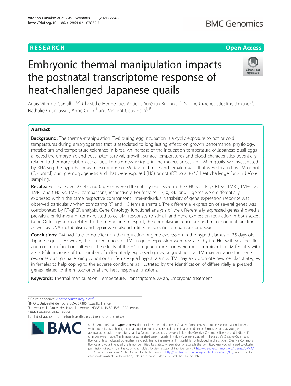 Embryonic Thermal Manipulation Impacts the Postnatal Transcriptome