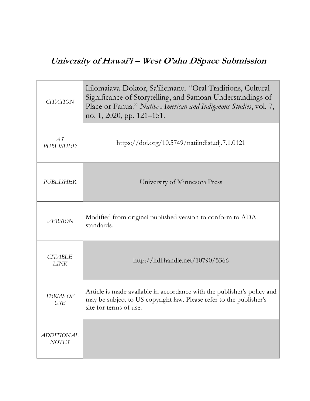 Oral Traditions, Cultural Significance of Storytelling, and Samoan Understandings of CITATION Place Or Fanua.” Native American and Indigenous Studies, Vol