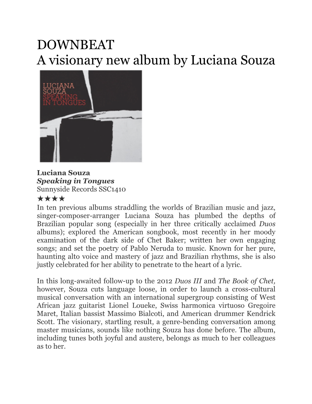 DOWNBEAT a Visionary New Album by Luciana Souza