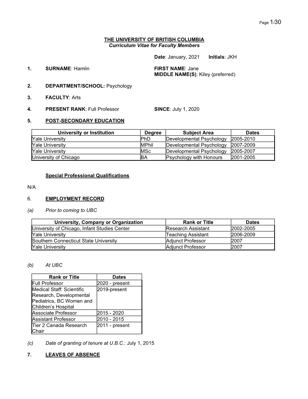 THE UNIVERSITY of BRITISH COLUMBIA Curriculum Vitae for Faculty Members