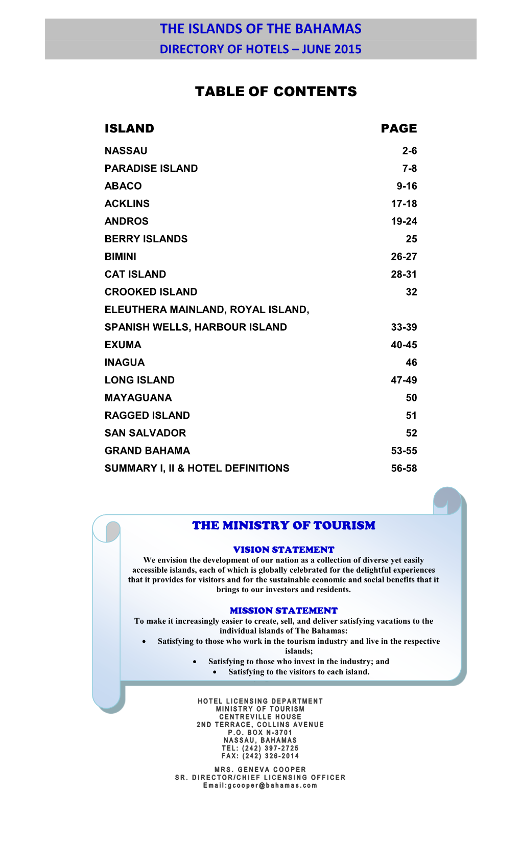 The Islands of the Bahamas Directory of Hotels – June 2015