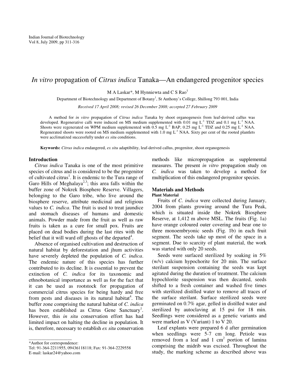 In Vitro Propagation of Citrus Indica Tanaka—An Endangered Progenitor Species