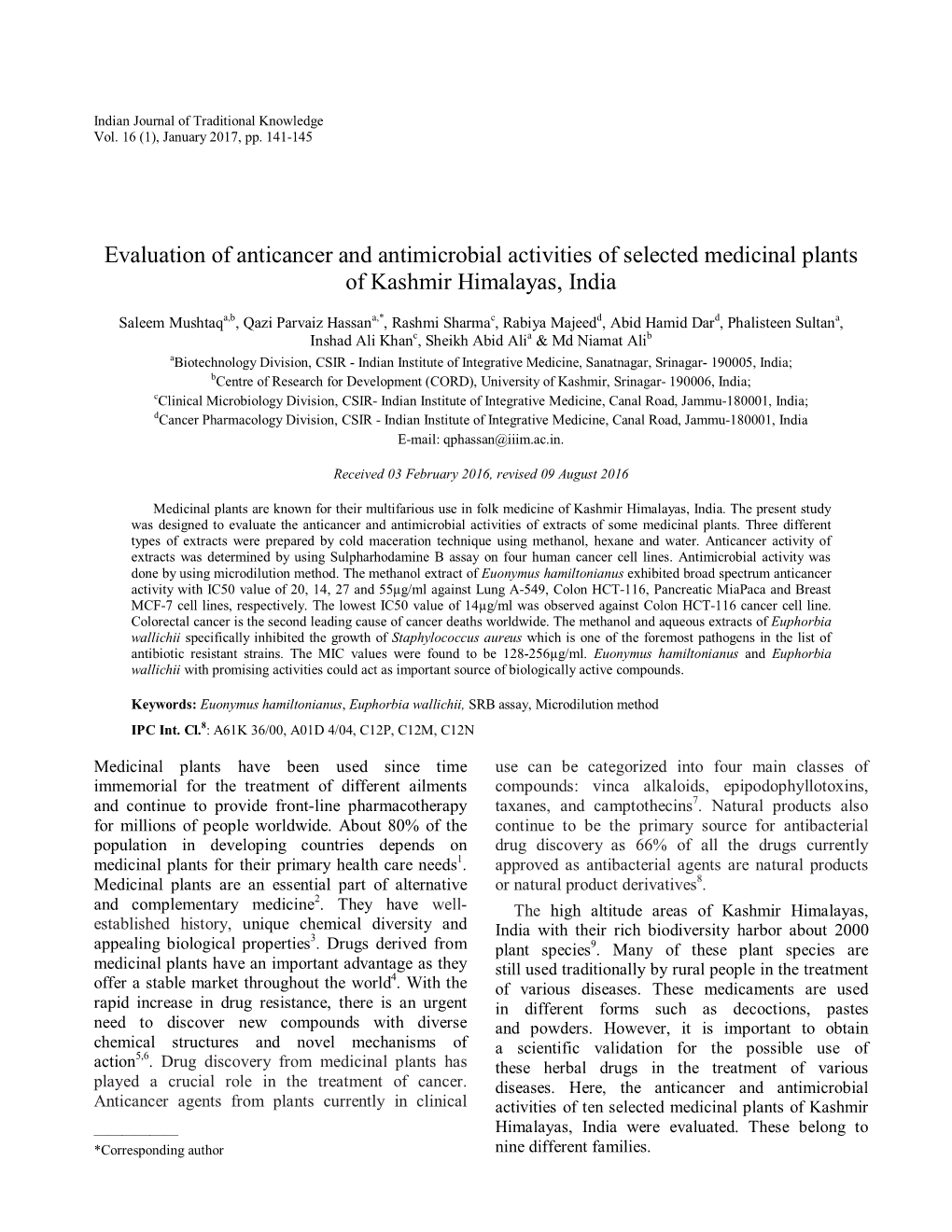 Evaluation of Anticancer and Antimicrobial Activities of Selected Medicinal Plants of Kashmir Himalayas, India