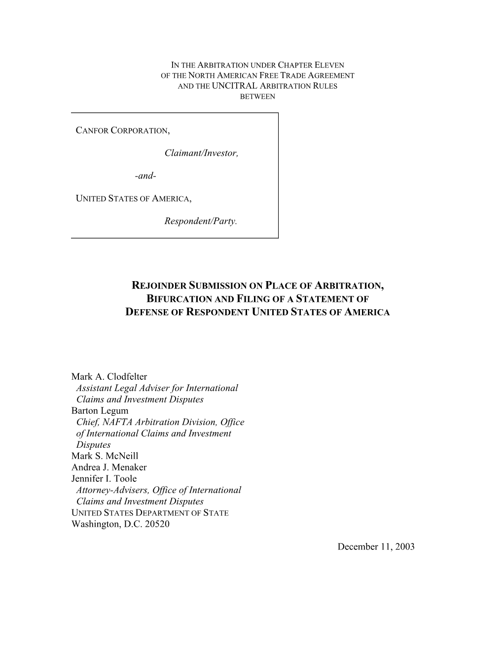 U.S. Rejoinder Submission on Place of Arbitration and Bifurcation