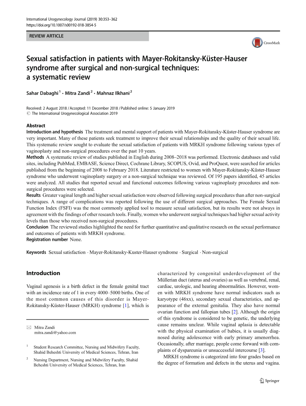 Sexual Satisfaction in Patients with Mayer-Rokitansky-Küster-Hauser Syndrome After Surgical and Non-Surgical Techniques: a Systematic Review