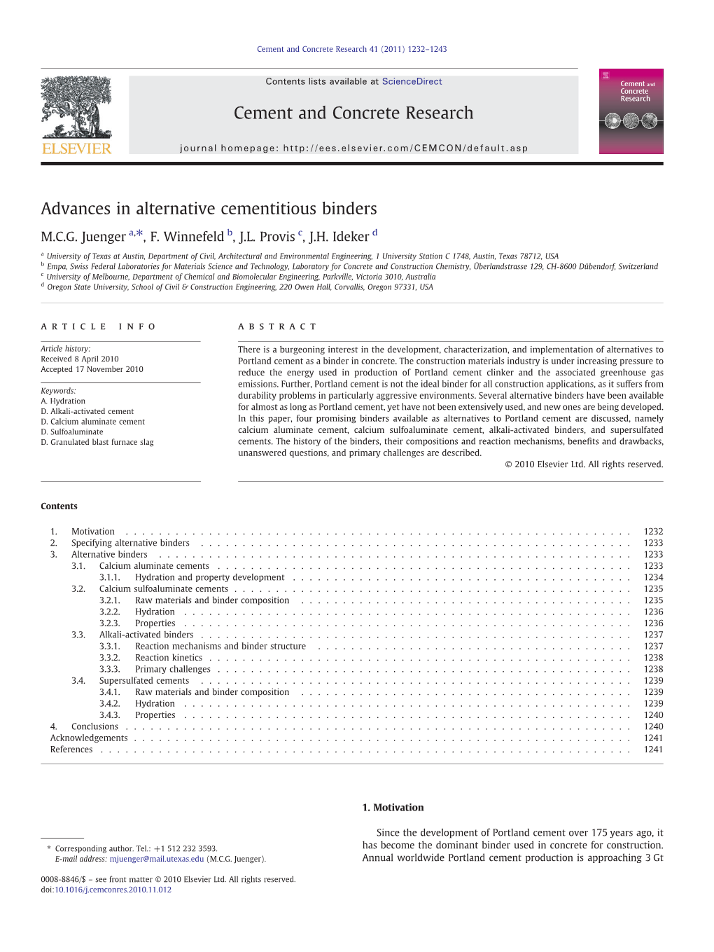 Advances in Alternative Cementitious Binders