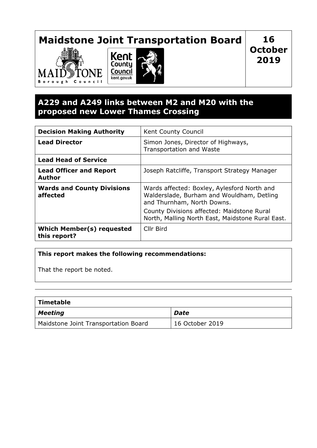 A229 and A249 Links Between M2 and M20 with the Proposed New Lower Thames Crossing