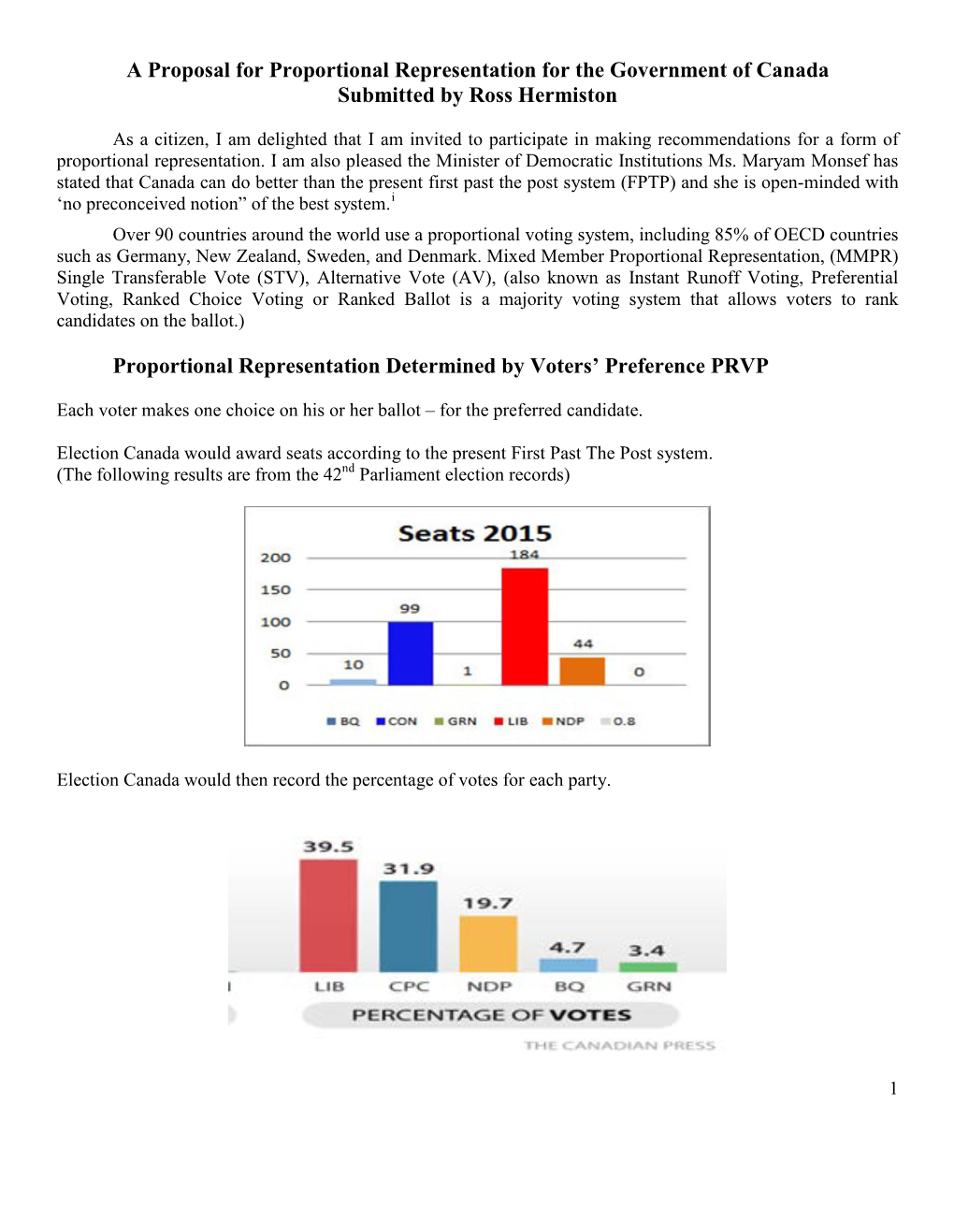 A Proposal for Proportional Representation for the Government of Canada Submitted by Ross Hermiston