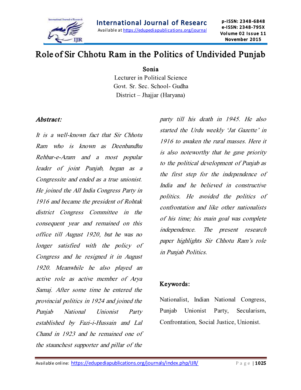 Role of Sir Chhotu Ram in the Politics of Undivided Punjab