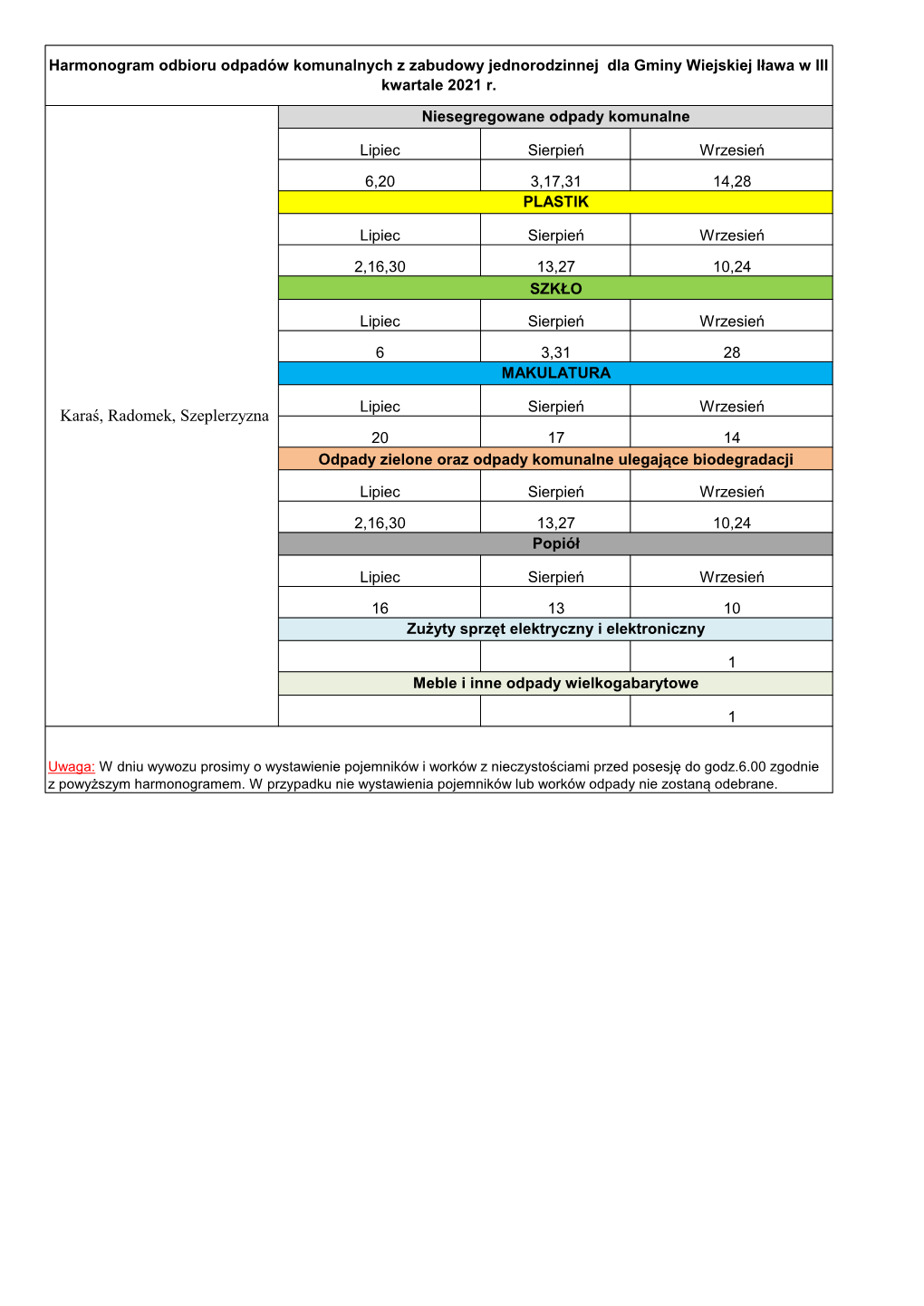 Harmonogram Odbioru Odpadów Komunalnych Z Zabudowy Jednorodzinnej Dla Gminy Wiejskiej Iława W III Kwartale 2021 R
